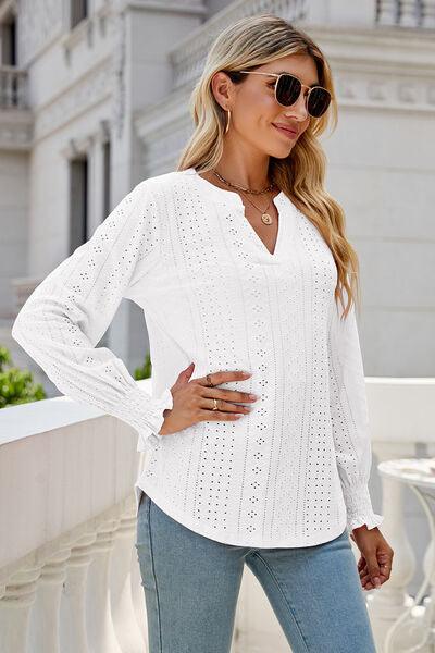 Eyelet Notched Lantern Sleeve T-Shirt Carauana Store