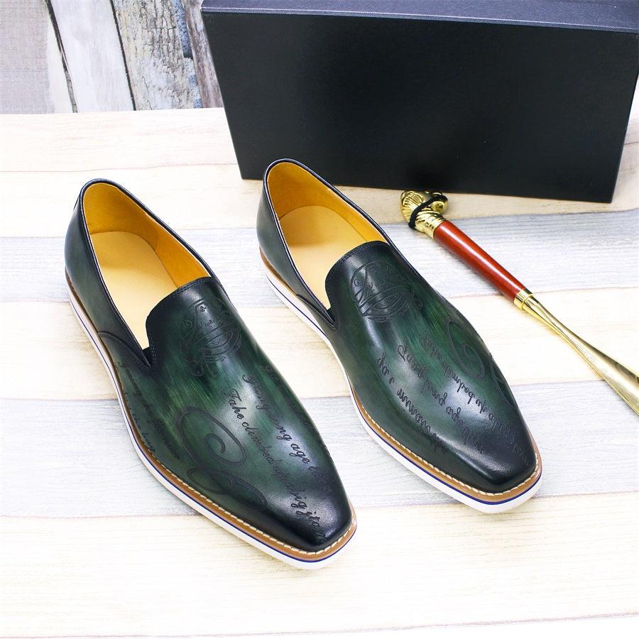 Fashion men casual shoes green comfortable flat loafers classic pointed handmade leather Carauana Store