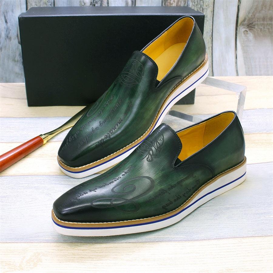 Fashion men casual shoes green comfortable flat loafers classic pointed handmade leather Carauana Store