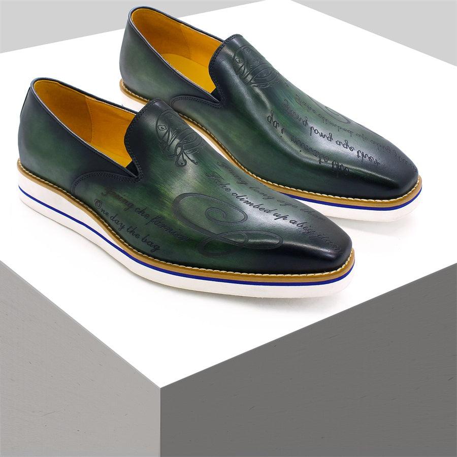 Fashion men casual shoes green comfortable flat loafers classic pointed handmade leather Carauana Store