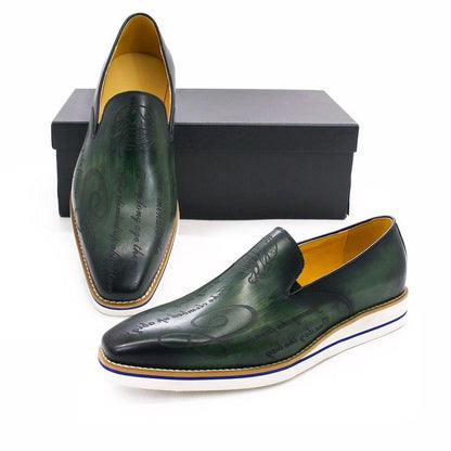 Fashion men casual shoes green comfortable flat loafers classic pointed handmade leather Carauana Store