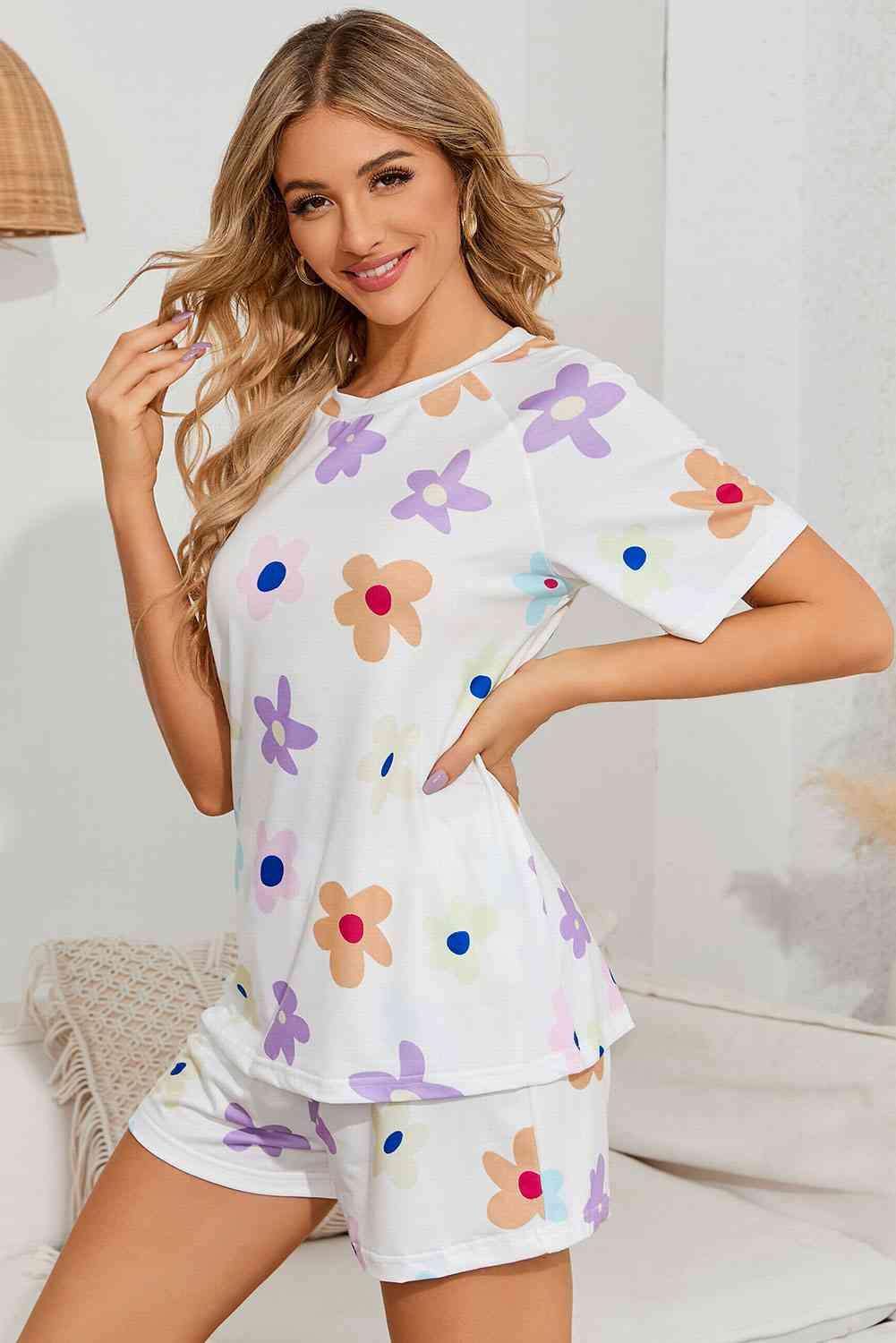 Floral Round Neck Raglan Sleeve Top and Shorts Lounge Set Carauana Store