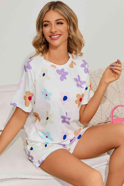 Floral Round Neck Raglan Sleeve Top and Shorts Lounge Set Carauana Store