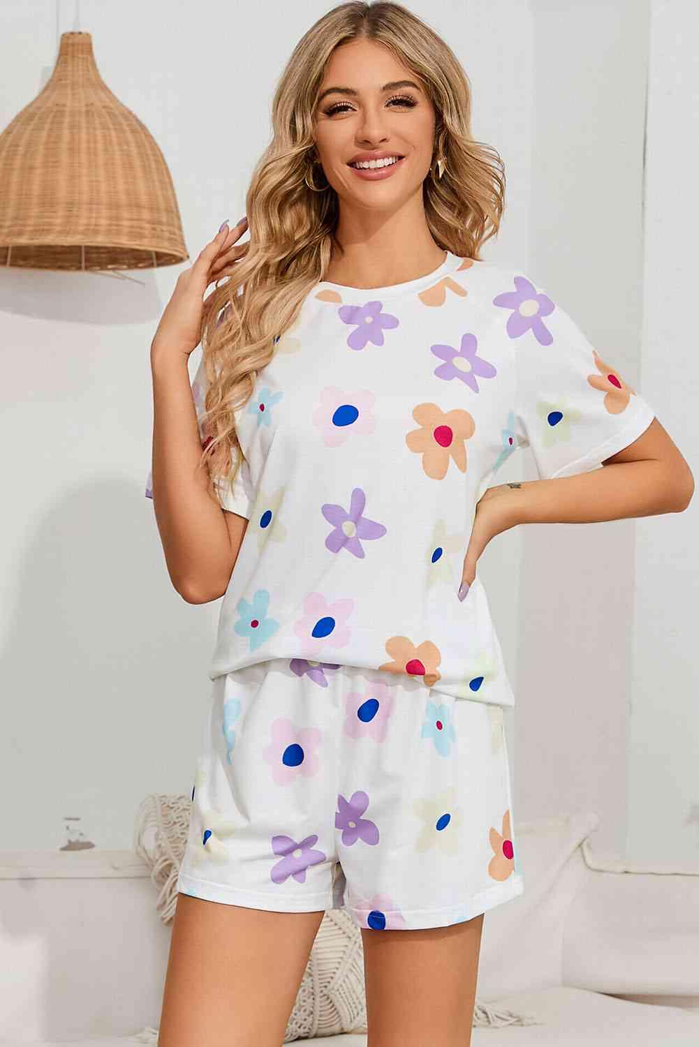 Floral Round Neck Raglan Sleeve Top and Shorts Lounge Set Carauana Store