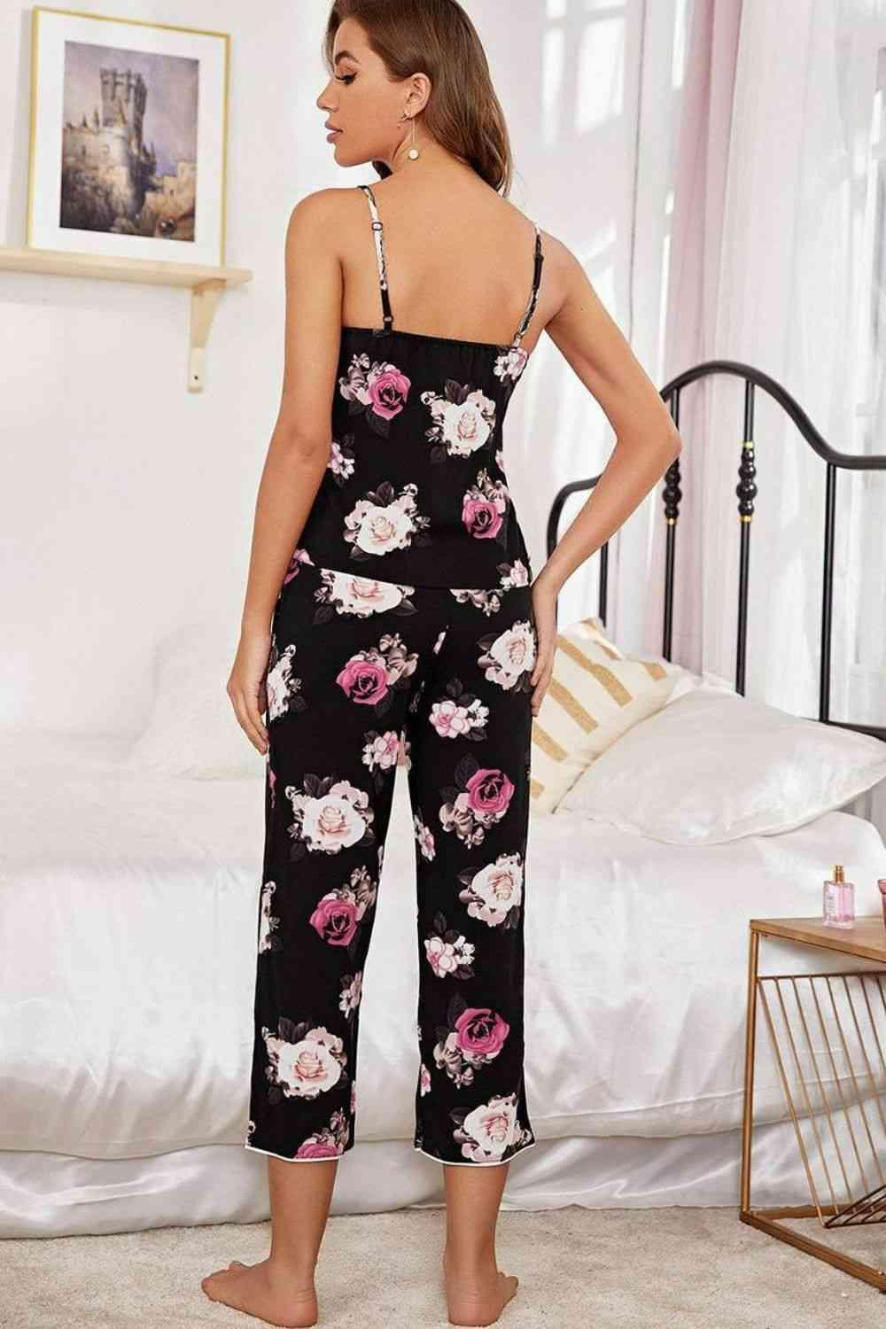 Floral V-Neck Cami and Cropped Pants Lounge Set Carauana Store