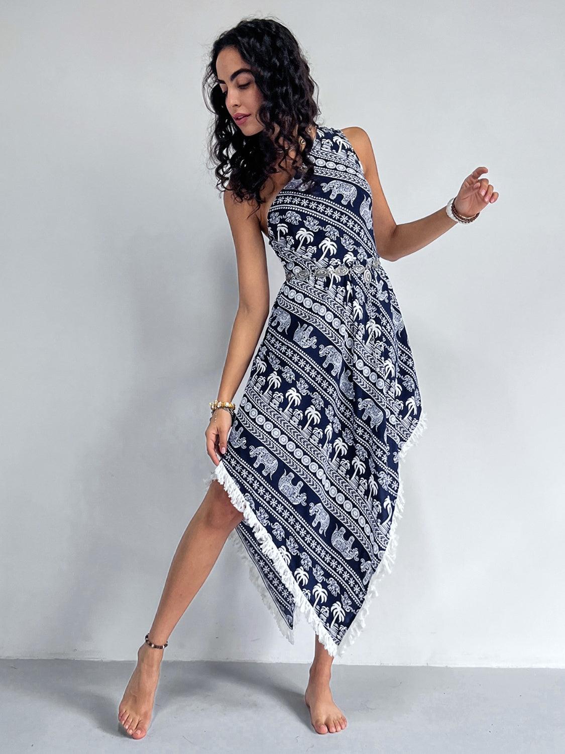 Fringe Printed Single Shoulder Dress Carauana Store