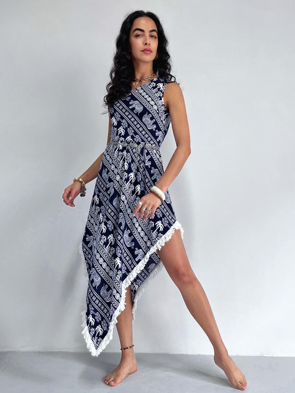 Fringe Printed Single Shoulder Dress Carauana Store