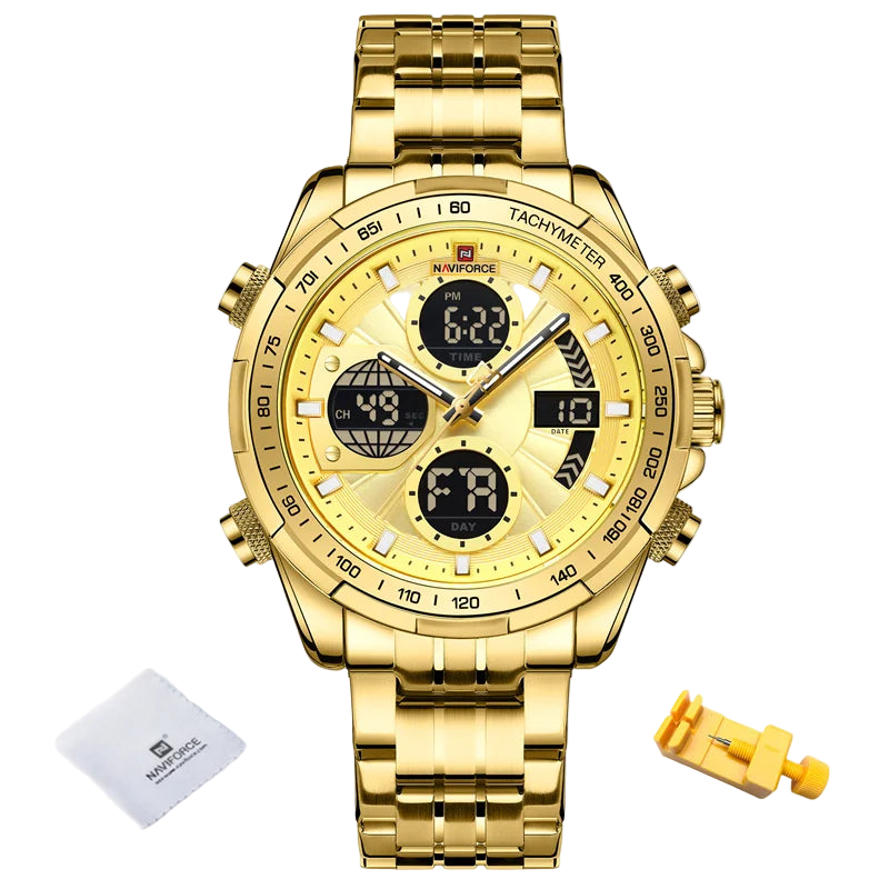 Gold Naviforce watch with digital display
