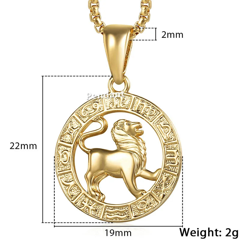 Gold lion pendant necklace with measurements