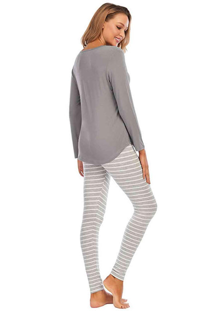Graphic Round Neck Top and Striped Pants Set Carauana Store