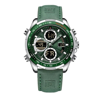 Green Naviforce watch with digital and analog display