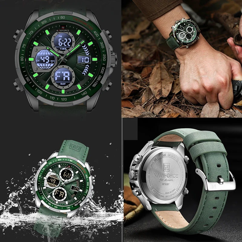Green digital watch with multiple display options, worn on a wrist, and shown with water splashes.