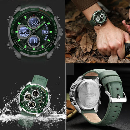 Green digital watch with multiple display options, worn on a wrist, and shown with water splashes.