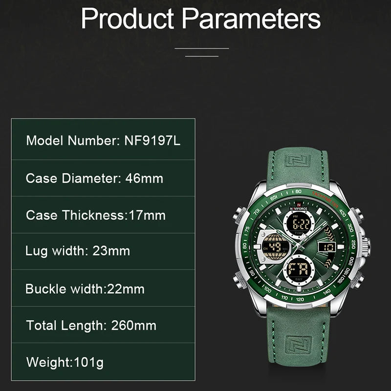 Green digital watch with product parameters on a dark background