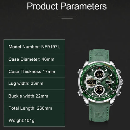 Green digital watch with product parameters on a dark background