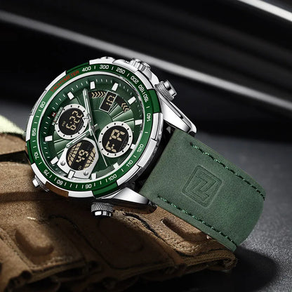 Green watch with a green strap on a dark background