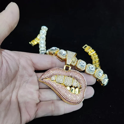 ZIDOM Bite Lip Necklace – Rhinestone Pendant - CaRaUaNa Fashion
