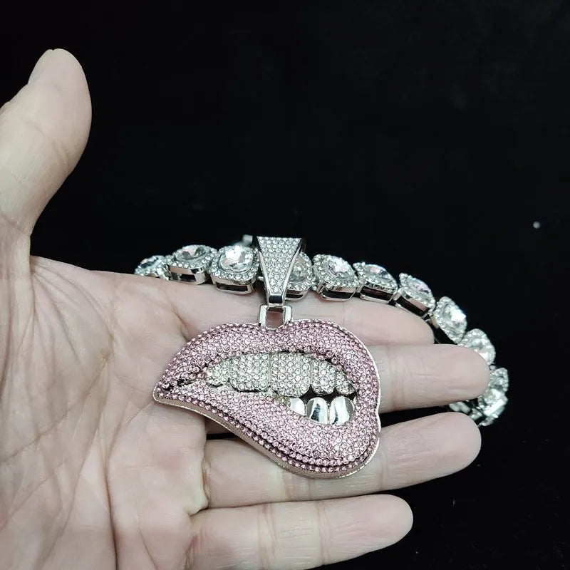 ZIDOM Bite Lip Necklace – Rhinestone Pendant - CaRaUaNa Fashion