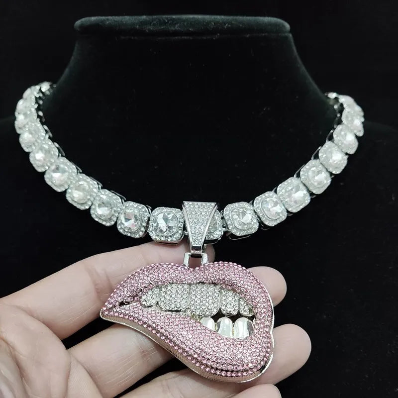 ZIDOM Bite Lip Necklace – Rhinestone Pendant - CaRaUaNa Fashion