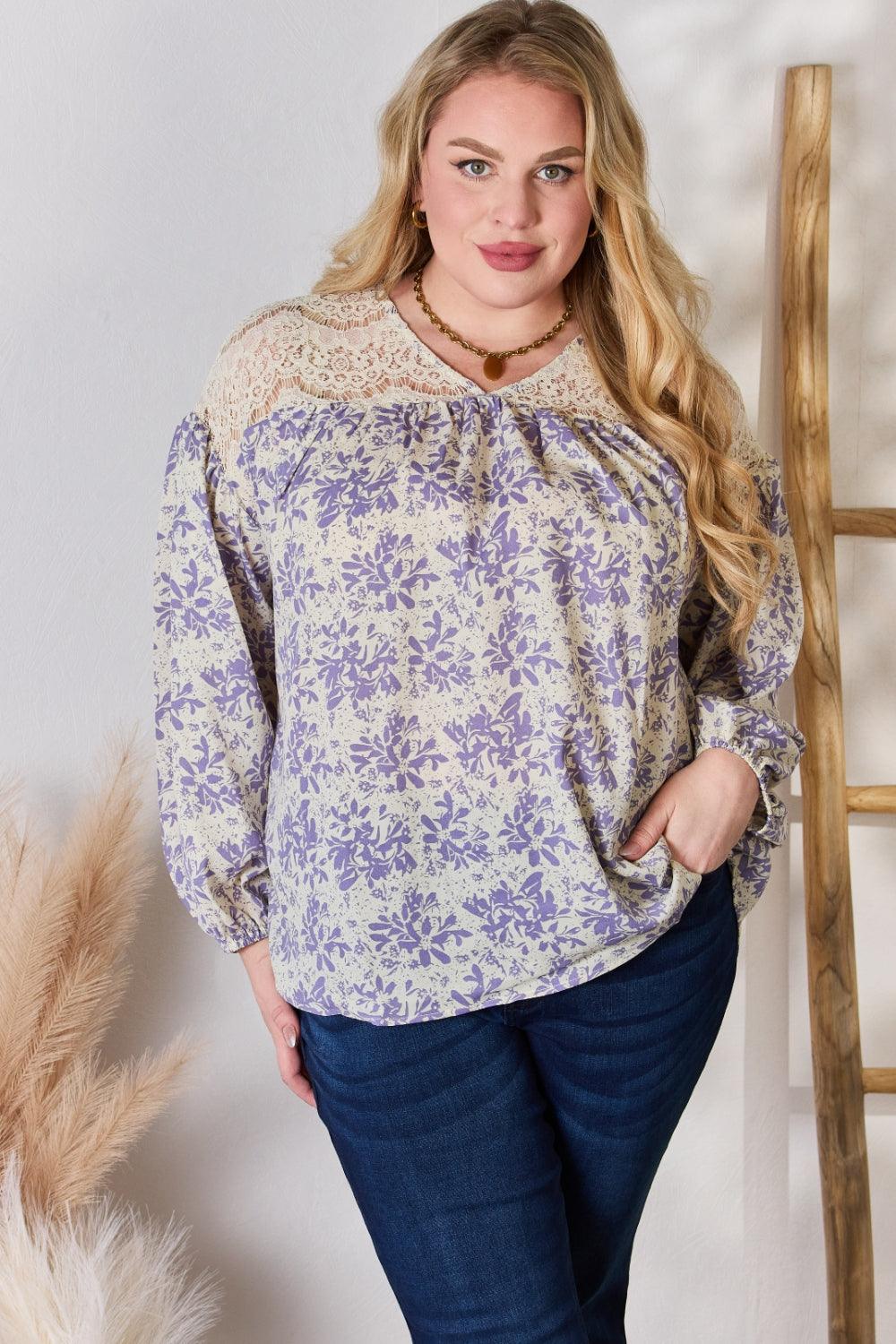 Hailey & Co Full Size Lace Detail Printed Blouse Carauana Store