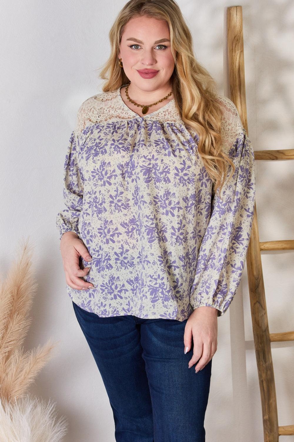 Hailey & Co Full Size Lace Detail Printed Blouse Carauana Store