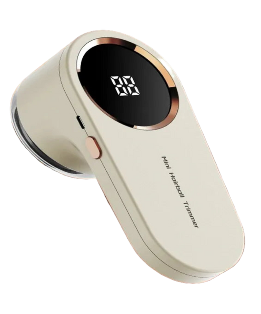 Hairball trimmer with digital display on a brown background