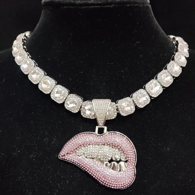 ZIDOM Bite Lip Necklace – Rhinestone Pendant - CaRaUaNa Fashion