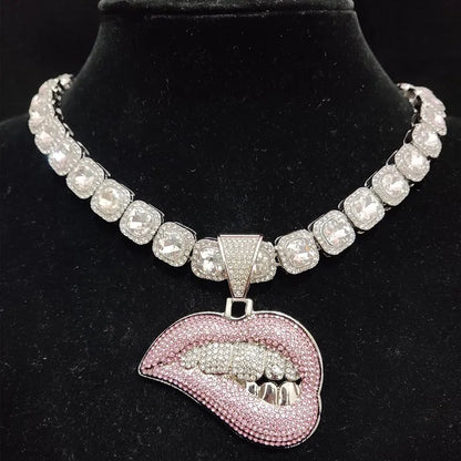 ZIDOM Bite Lip Necklace – Rhinestone Pendant - CaRaUaNa Fashion