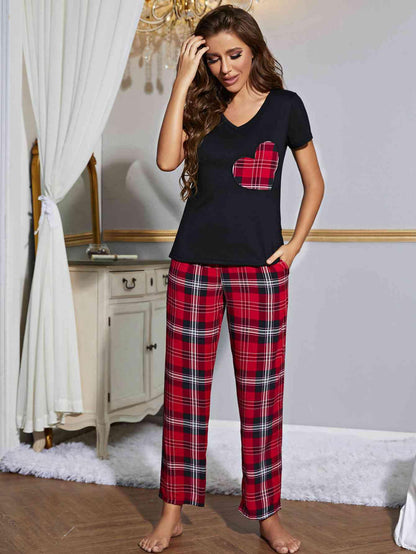 Heart Graphic V-Neck Top and Plaid Pants Lounge Set Carauana Store