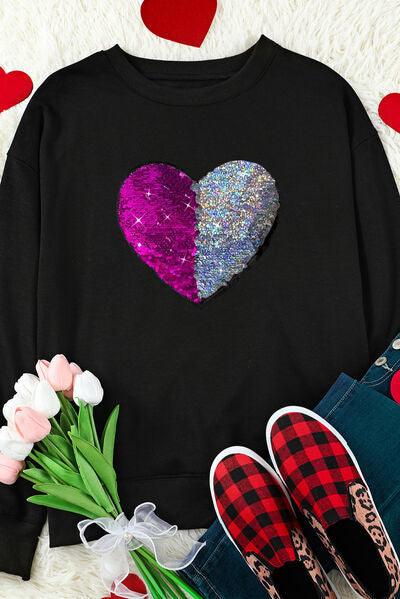 Heart Sequin Round Neck Dropped Shoulder Sweatshirt Carauana Store