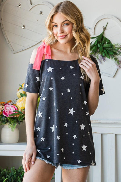 Heimish Full Size Star Print Asymmetrical Neck Short Sleeve Top Carauana Store