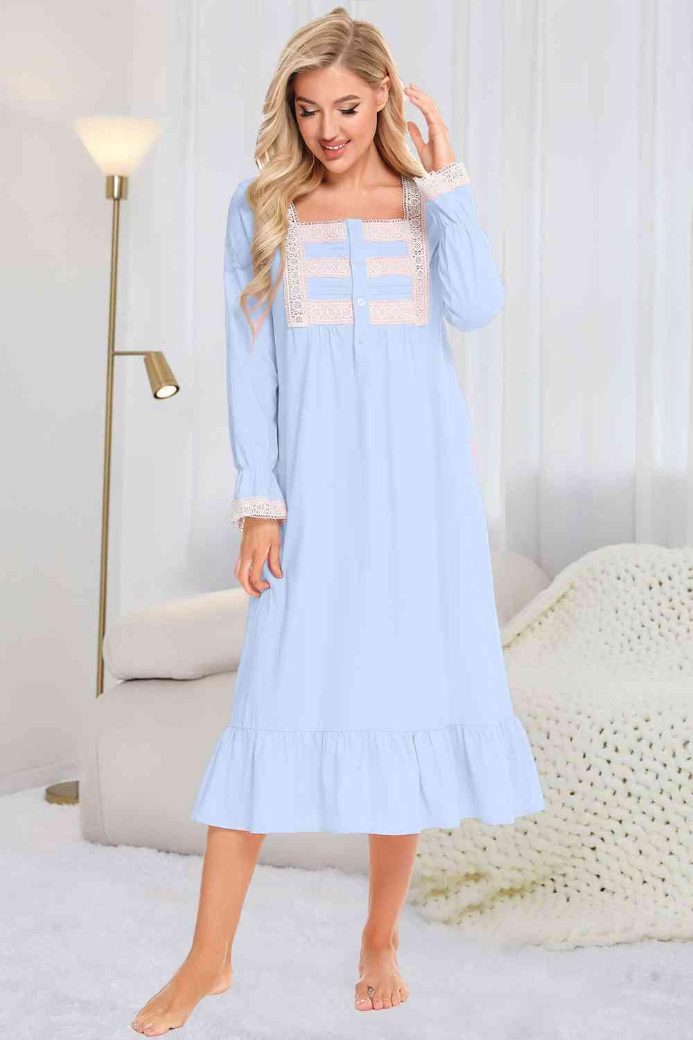 Lace Detail Square Neck Flounce Sleeve Night Dress Carauana Store
