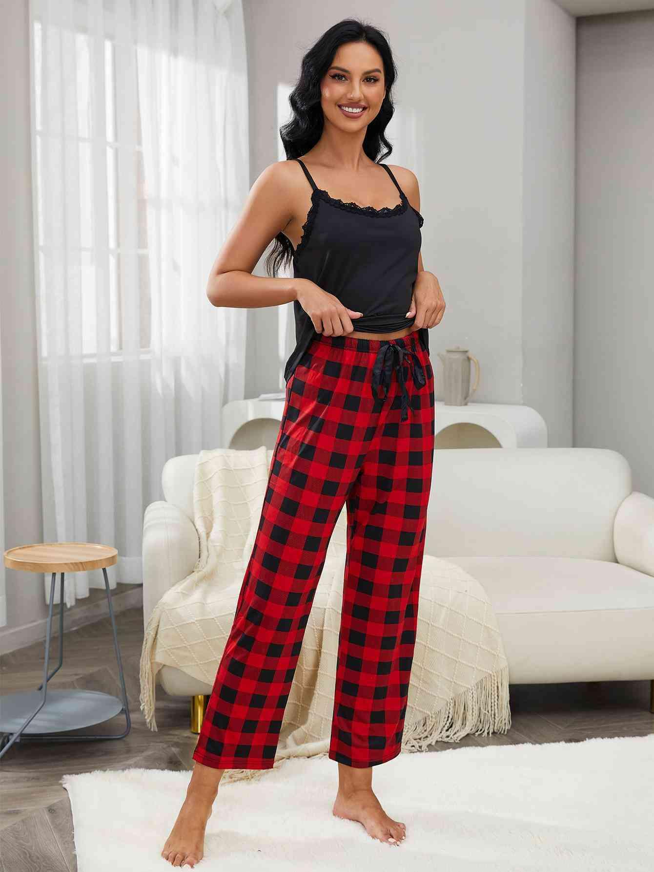 Lace Trim Cami and Plaid Pants Lounge Set Carauana Store