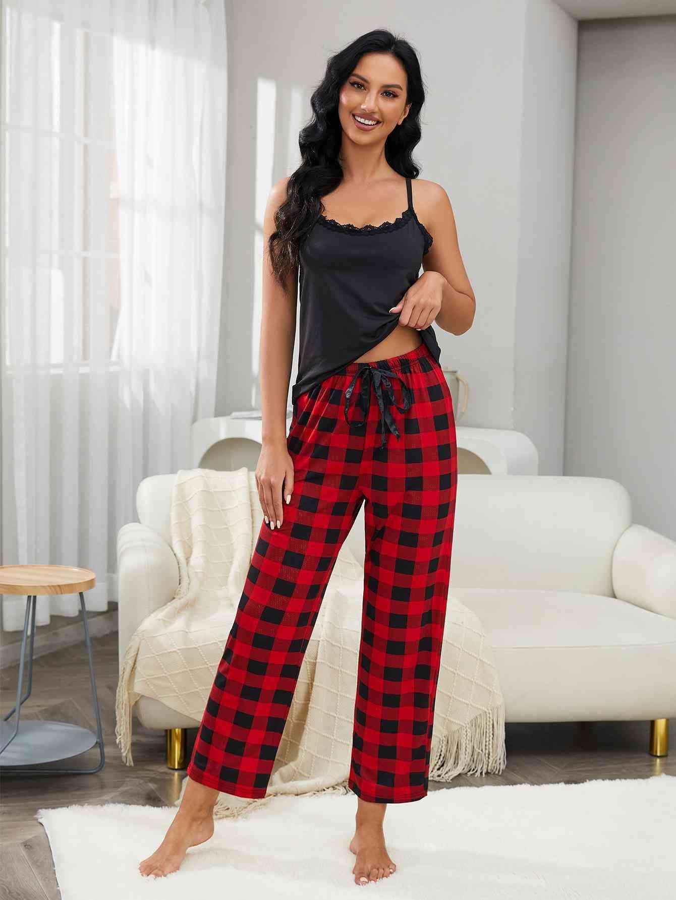Lace Trim Cami and Plaid Pants Lounge Set Carauana Store