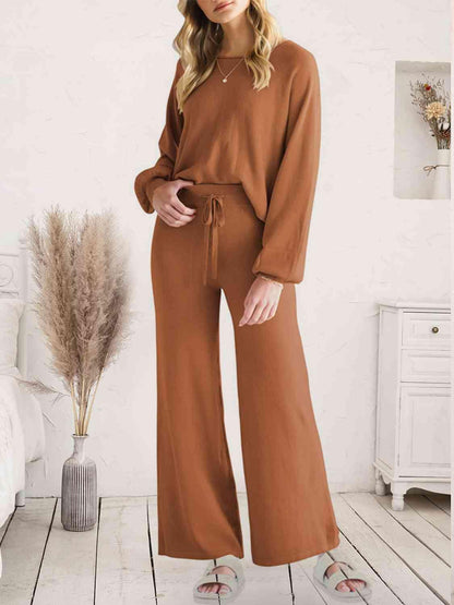 Long Sleeve Lounge Top and Drawstring Pants Set Carauana Store