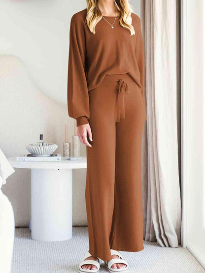 Long Sleeve Lounge Top and Drawstring Pants Set Carauana Store