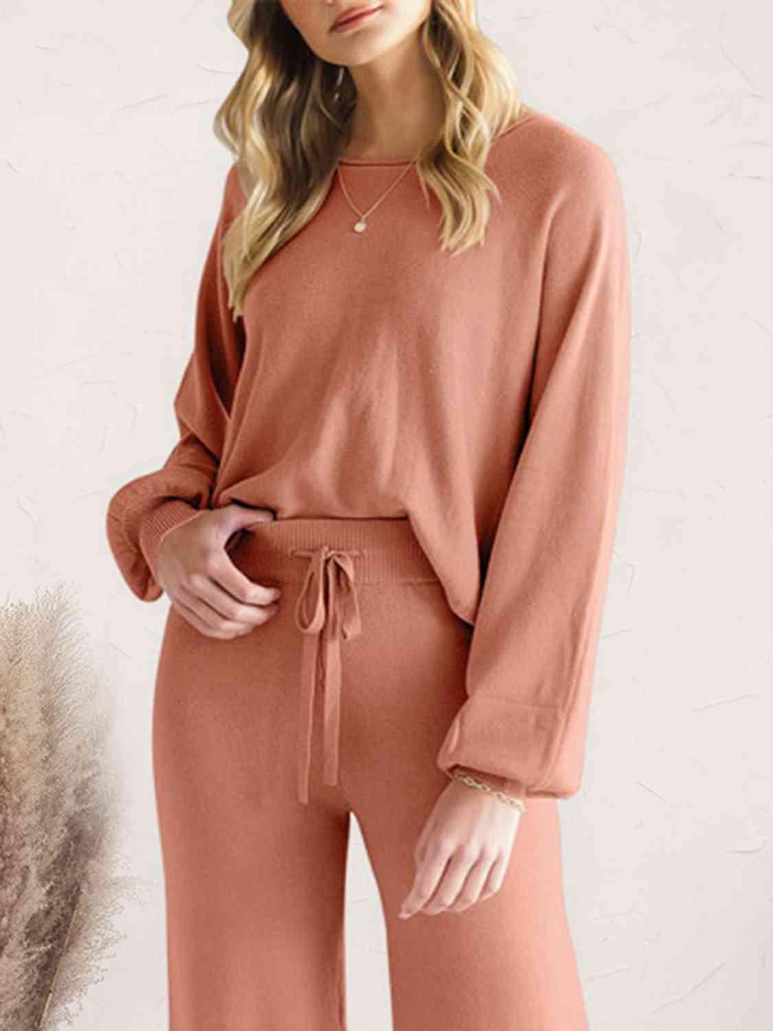 Long Sleeve Lounge Top and Drawstring Pants Set Carauana Store