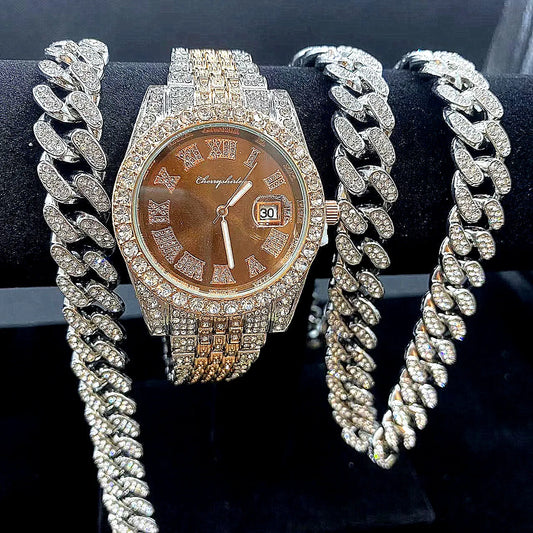 Luxury watch with diamond-studded chain on a black background