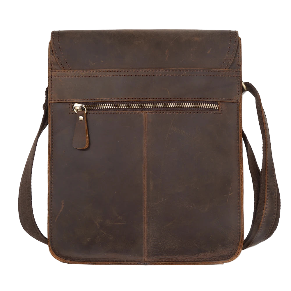 Brown leather crossbody bag with visible brand name on a white background