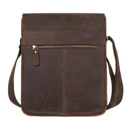 Brown leather crossbody bag with visible brand name on a white background