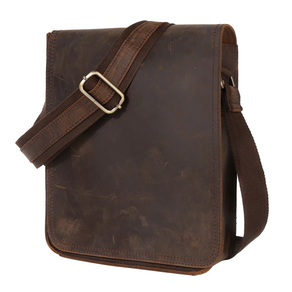 Brown leather bag with a strap on a white background, featuring the brand 'DUJIANG'.