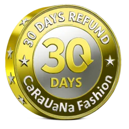 Gold and silver badge with '30 Days Refund' text and 'CaRaUaNa Fashion' branding on a white background.