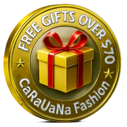Gold coin with a gift box and text promoting free gifts over $70 from CaRaVaNa Fashion.