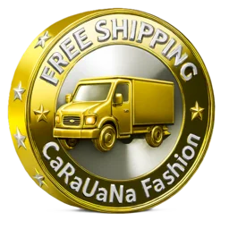 Gold emblem with 'Free Shipping' text and a van, branded as CaRaVaNa Fashion, on a white background.