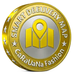 Gold and silver emblem with 'Smart Deelivery Map' and 'Caravauna Fashion' text on a white background
