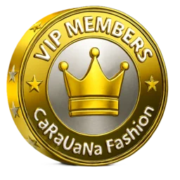 Gold and silver VIP members badge for CaRaUaNa Fashion on a white background