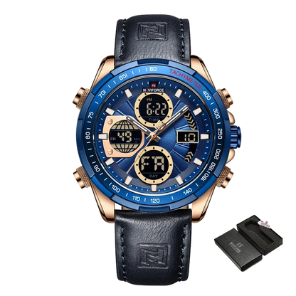 Naviforce watch with blue face and black leather strap