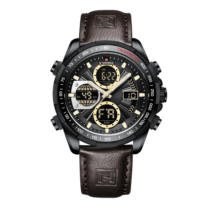 Naviforce watch with brown leather strap and black dial