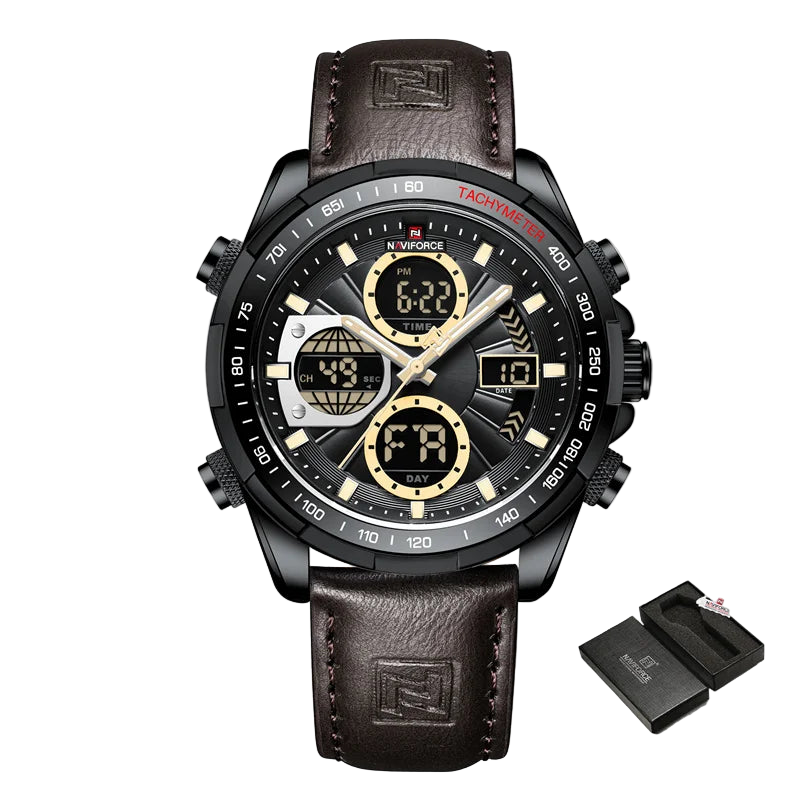 Naviforce watch with brown leather strap and black face