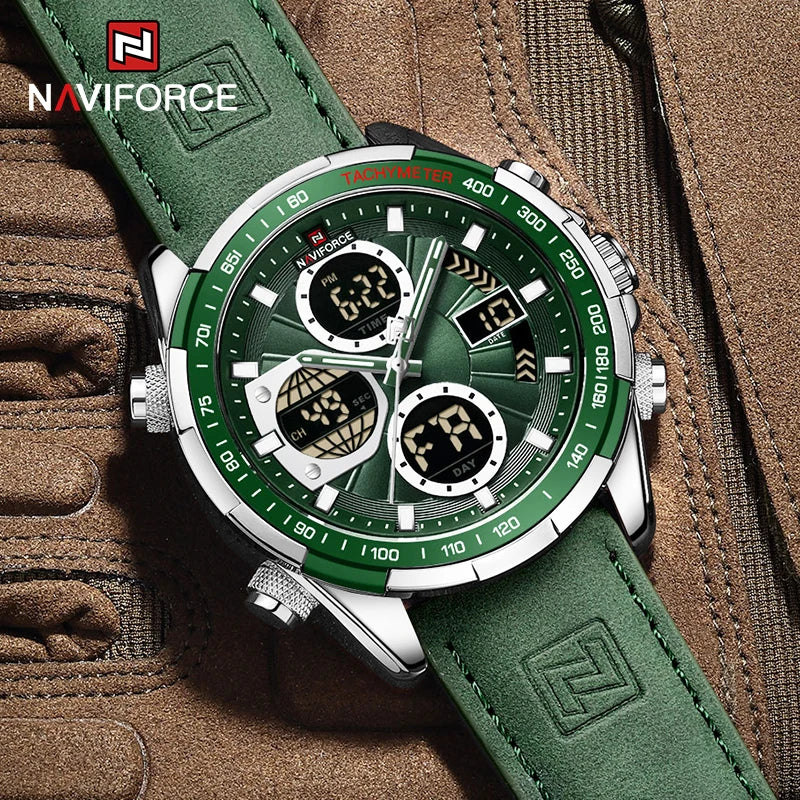 Naviforce watch with green strap and detailed face on a brown textured background